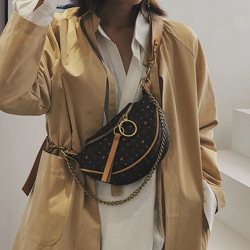 Vintage Leather Waist Bag with Appliques, Casual Chain Small Purses