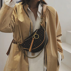 Vintage Leather Waist Bag with Appliques, Casual Chain Small Purses