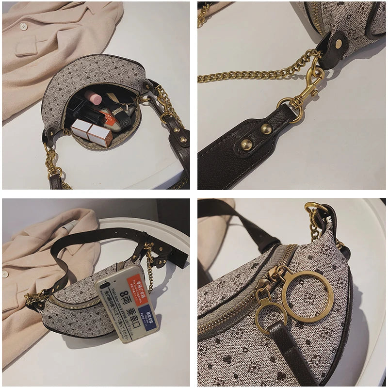 Vintage Leather Waist Bag with Appliques, Casual Chain Small Purses