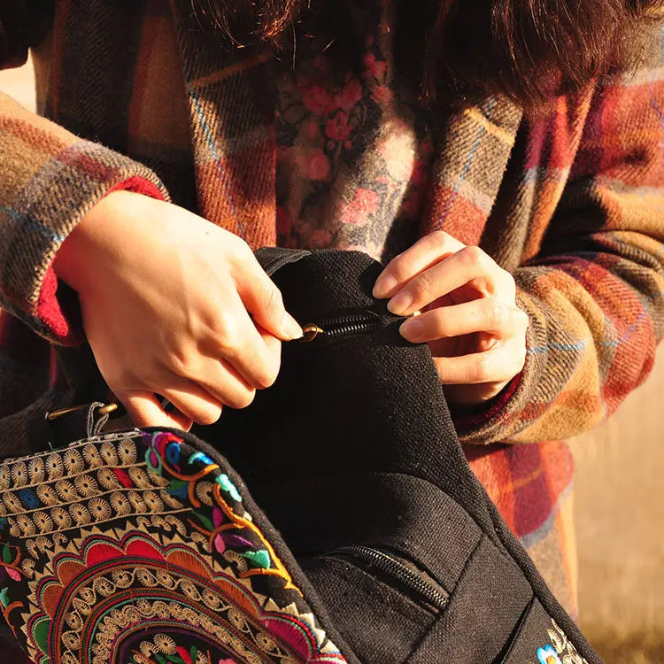 Vintage Embroidered Women Canvas Backpacks Floral Rucksack Schoolbag