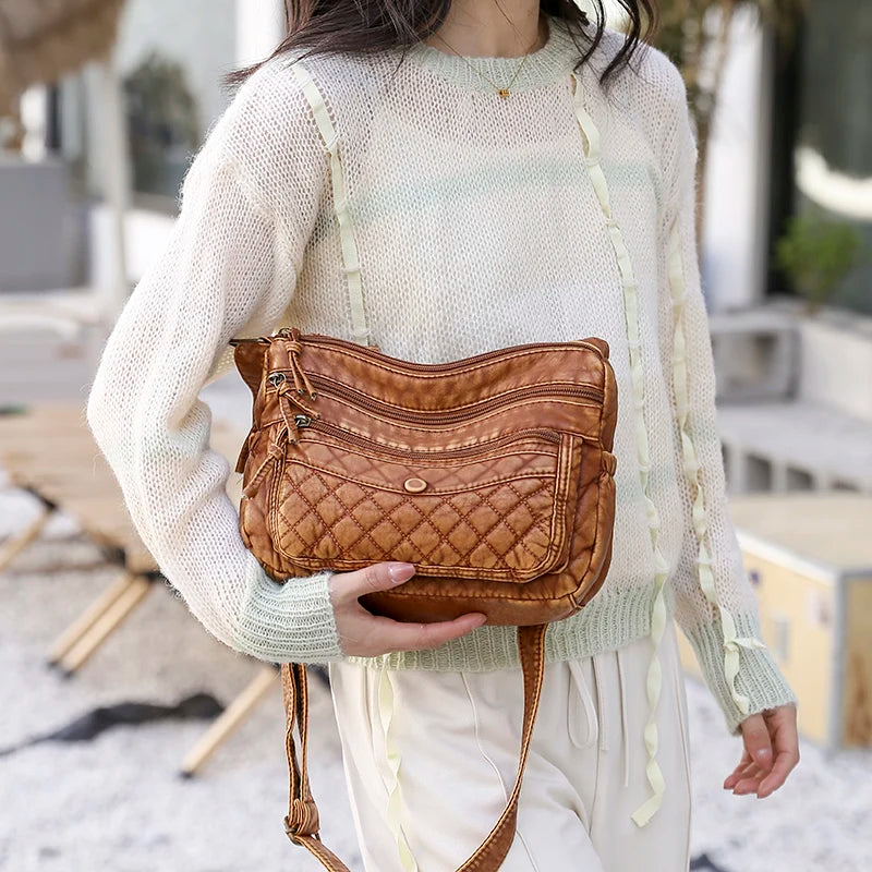Vintage PU Leather Crossbody Bag Large Capacity Tote Shoulder Handbag