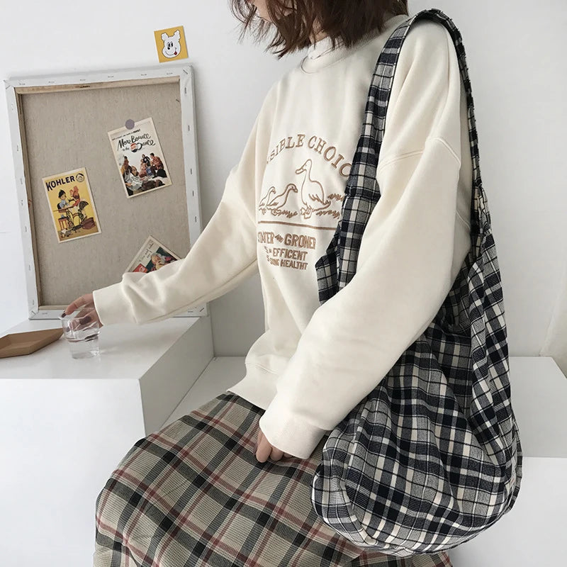 Vintage Plaid Women Shoulder Bag Large Capacity Tote Canvas Bags