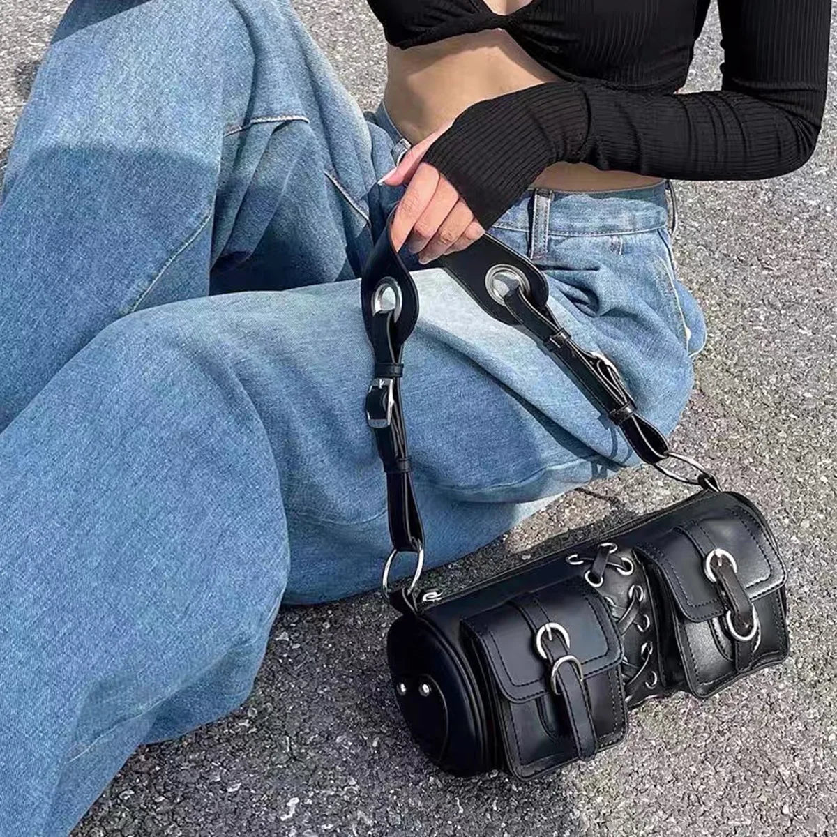 Vintage Women Cylinder Underarm Bags Double Pocket Ladies Shoulder Bag