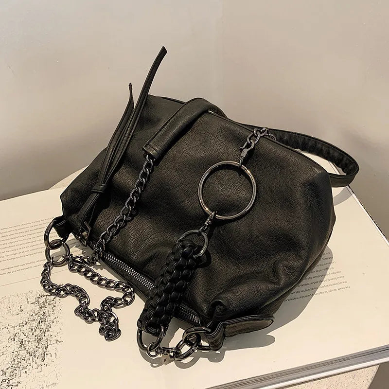 Vintage Braiding Shoulder Bag PU Leather Chain Hobos Messenger Bag Brown