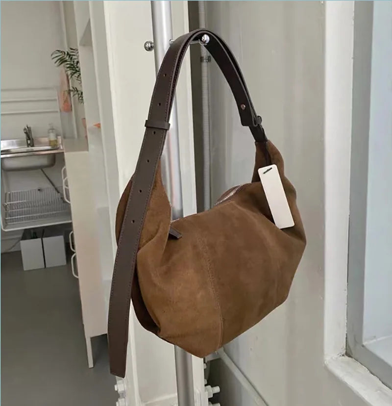 Vintage Brown Suede Shoulder Moon Bag Female Eco Large Crossbody Bag