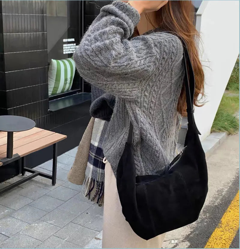 Vintage Brown Suede Shoulder Moon Bag Female Eco Large Crossbody Bag
