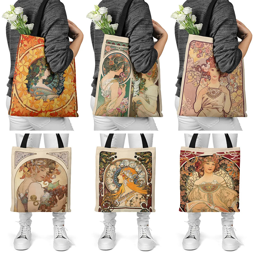 Vintage Canvas Bag Double Sided Printing Shoulder Bag Large Capacity Handbags