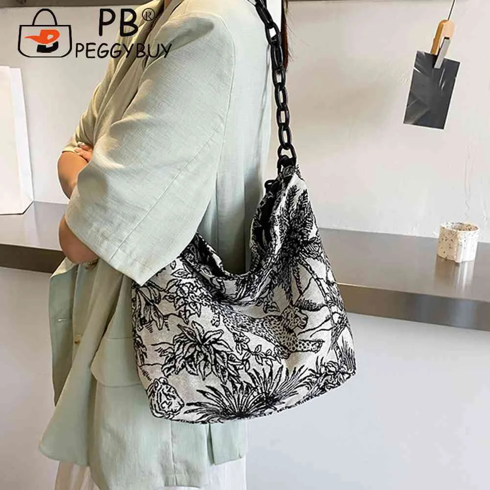 Vintage Canvas Embroidery Shoulder Messenger Bags For Women Chain Large Capacity