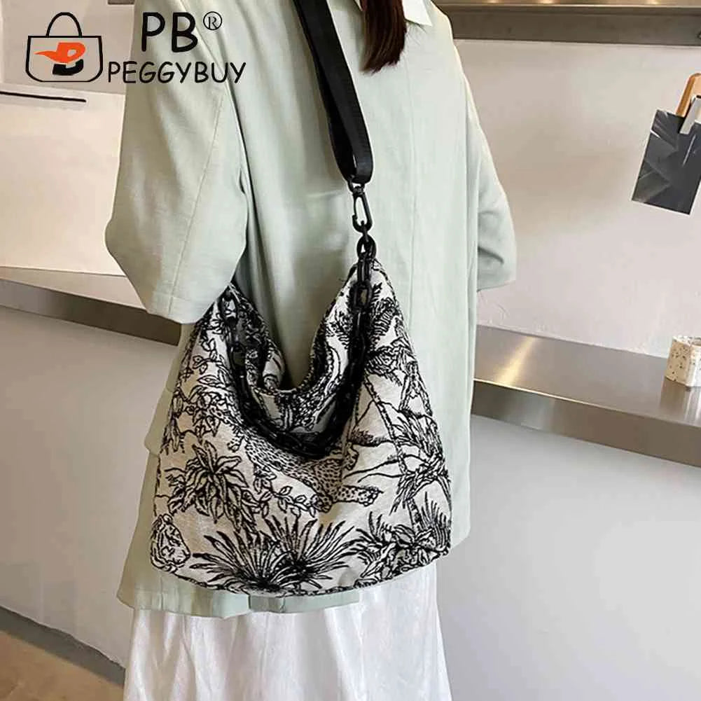 Vintage Canvas Embroidery Shoulder Messenger Bags For Women Chain Large Capacity