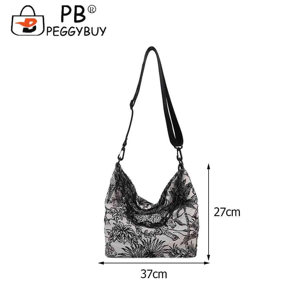 Vintage Canvas Embroidery Shoulder Messenger Bags For Women Chain Large Capacity