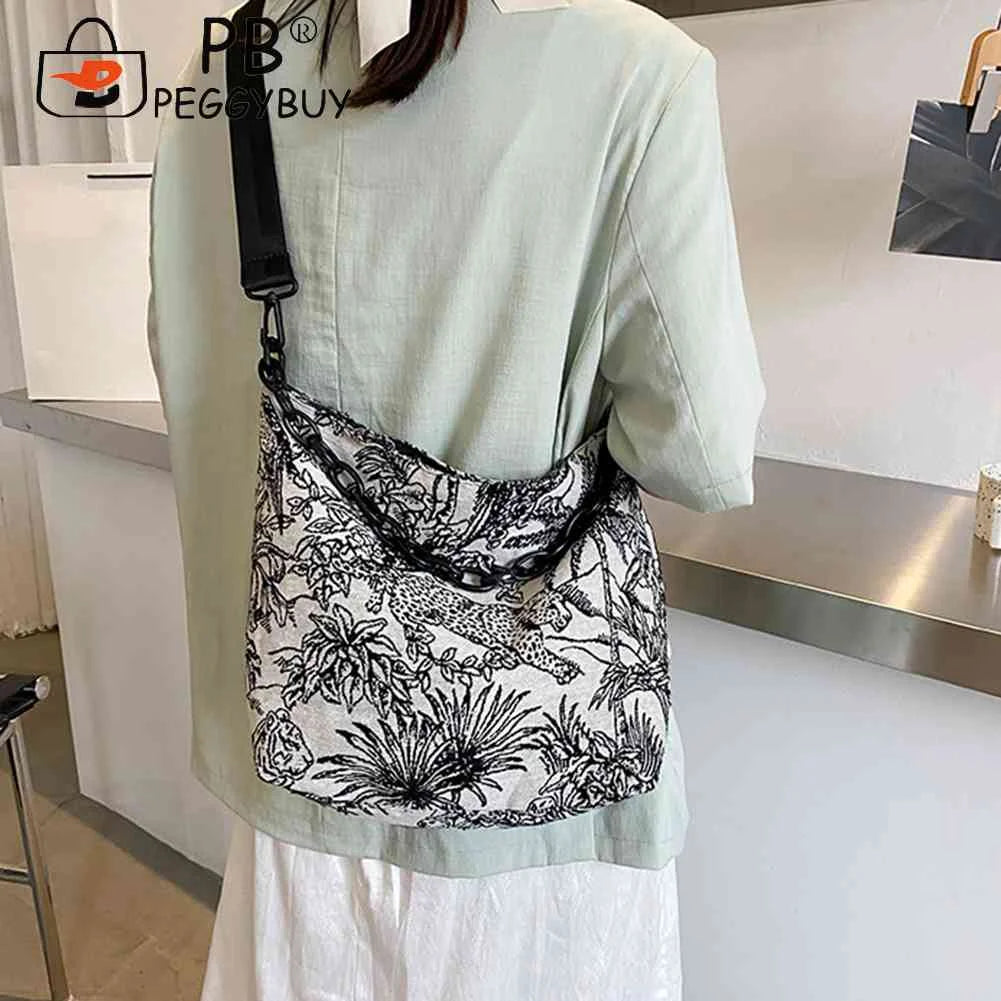 Vintage Canvas Embroidery Shoulder Messenger Bags For Women Chain Large Capacity