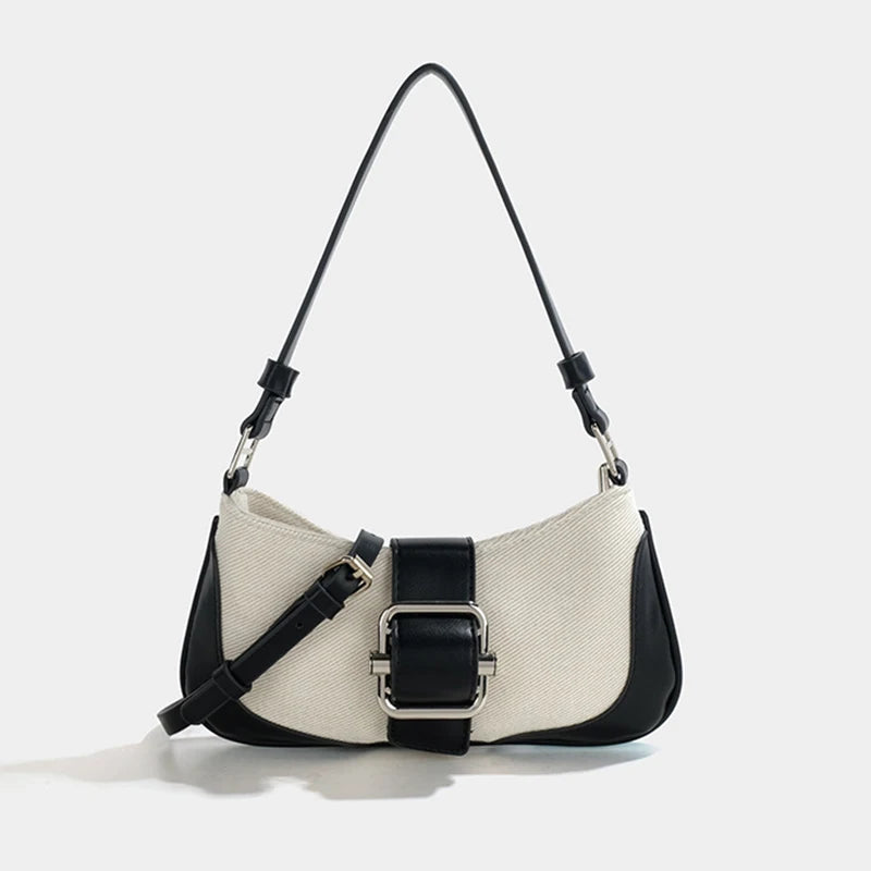 Vintage Canvas Underarm Shoulder Bag Ladies Stitching Pu Woman Messenger Bag