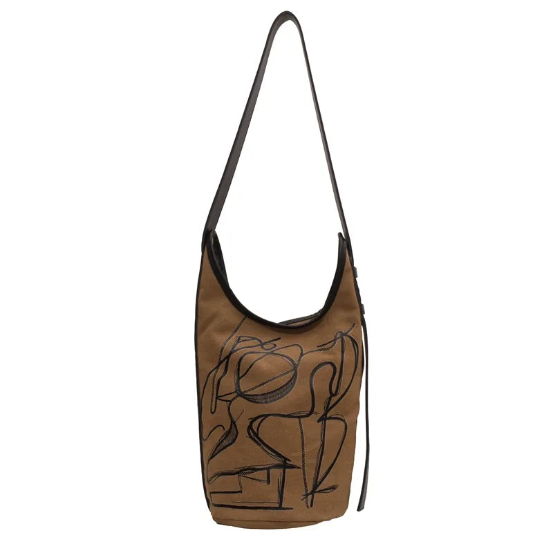 Vintage Casual Canvas Shoulder Bag for Women Bucket Shaped Crossbody Handbag