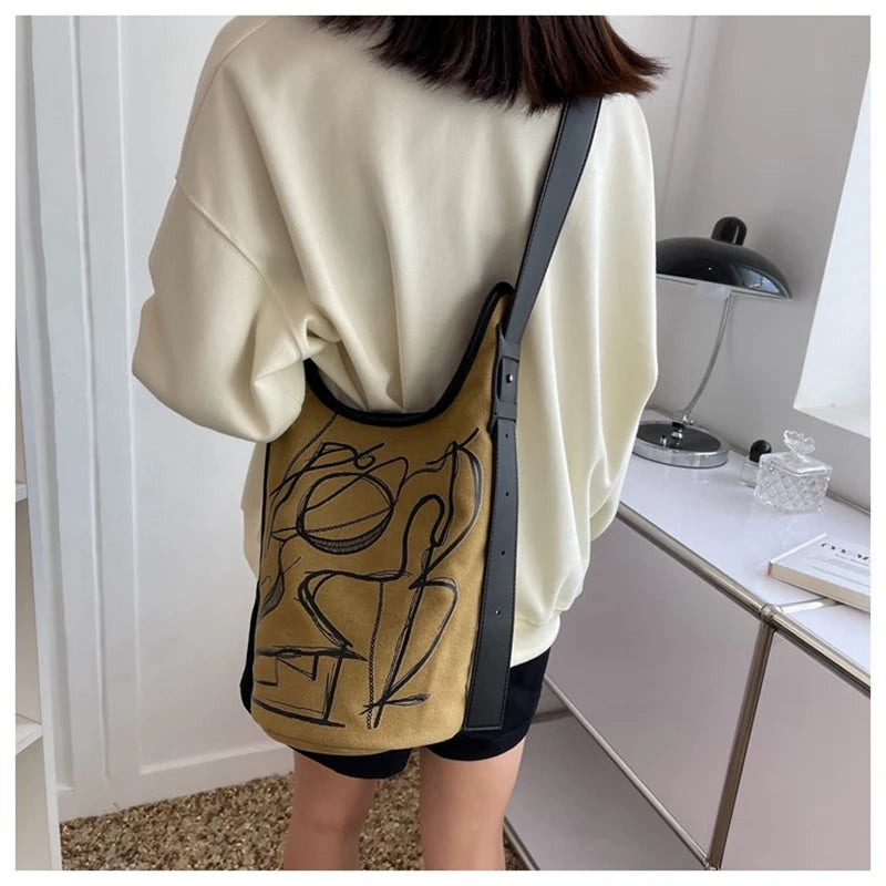 Vintage Casual Canvas Shoulder Bag for Women Bucket Shaped Crossbody Handbag