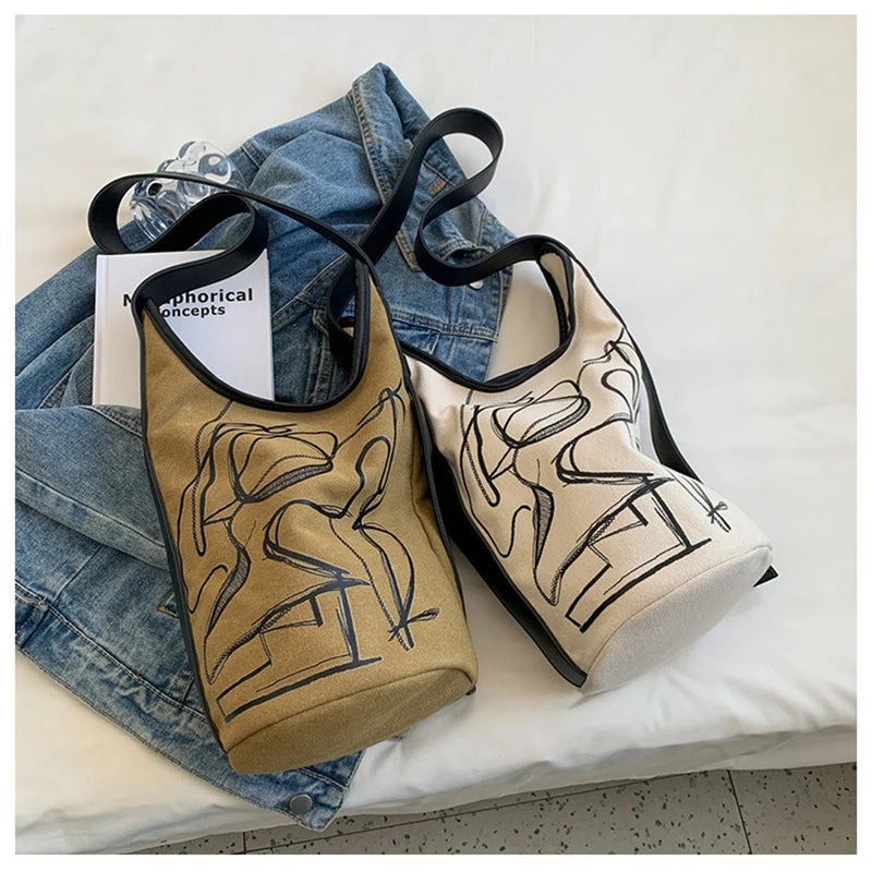 Vintage Casual Canvas Shoulder Bag for Women Bucket Shaped Crossbody Handbag
