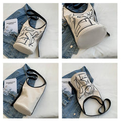 Vintage Casual Canvas Shoulder Bag for Women Bucket Shaped Crossbody Handbag
