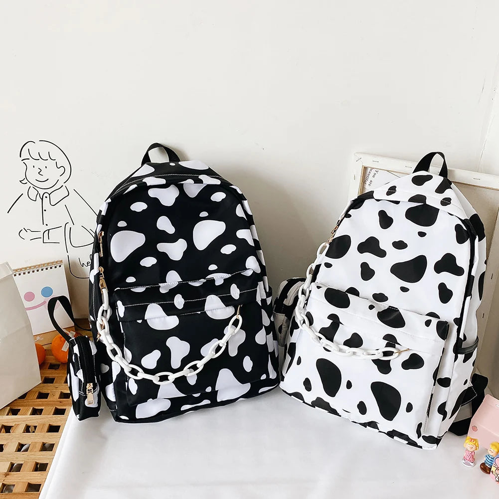 Vintage Nylon Backpack Cow Pattern School Bags Girls Daily Travel Knapsack