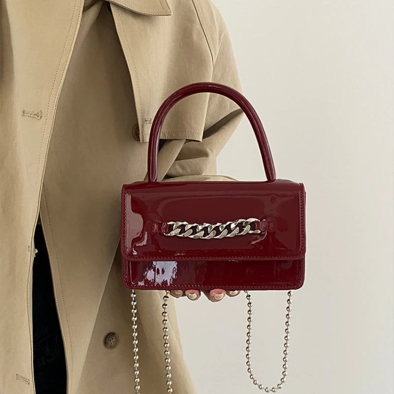 Vintage Patent Leather Chain Messenger Bag Women Shoulder Purse