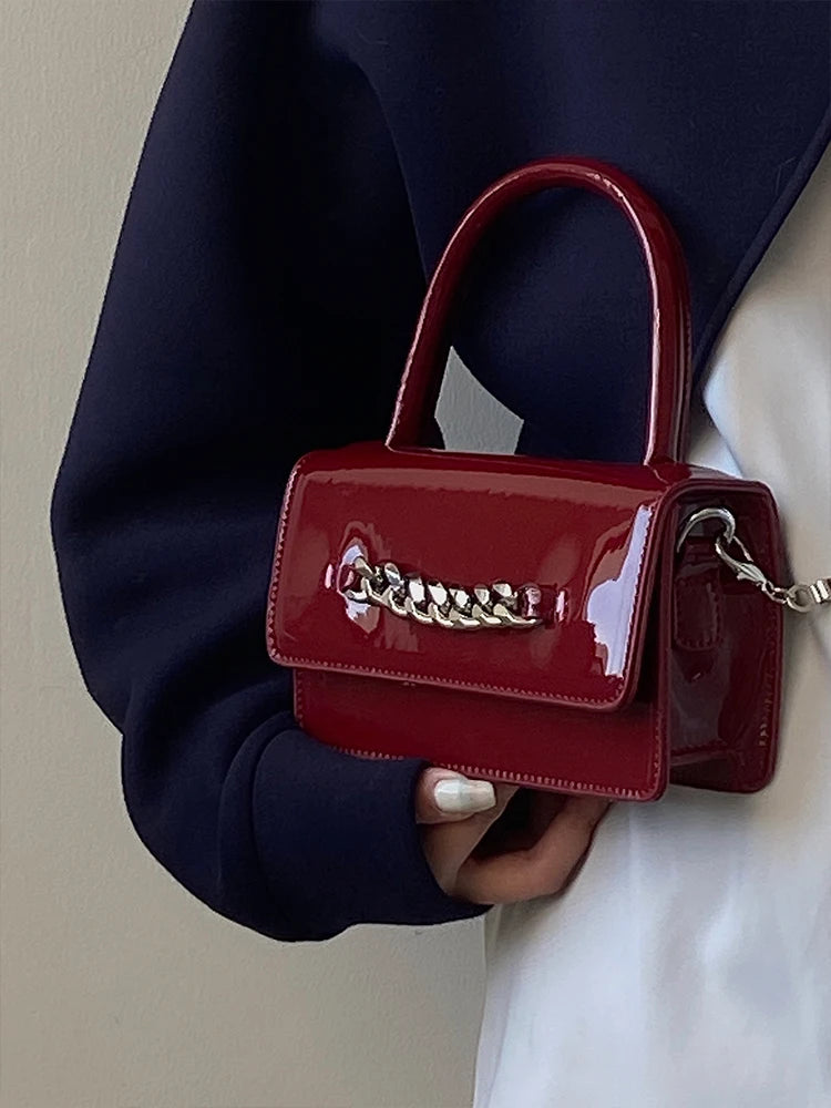 Vintage Patent Leather Chain Messenger Bag Women Shoulder Purse