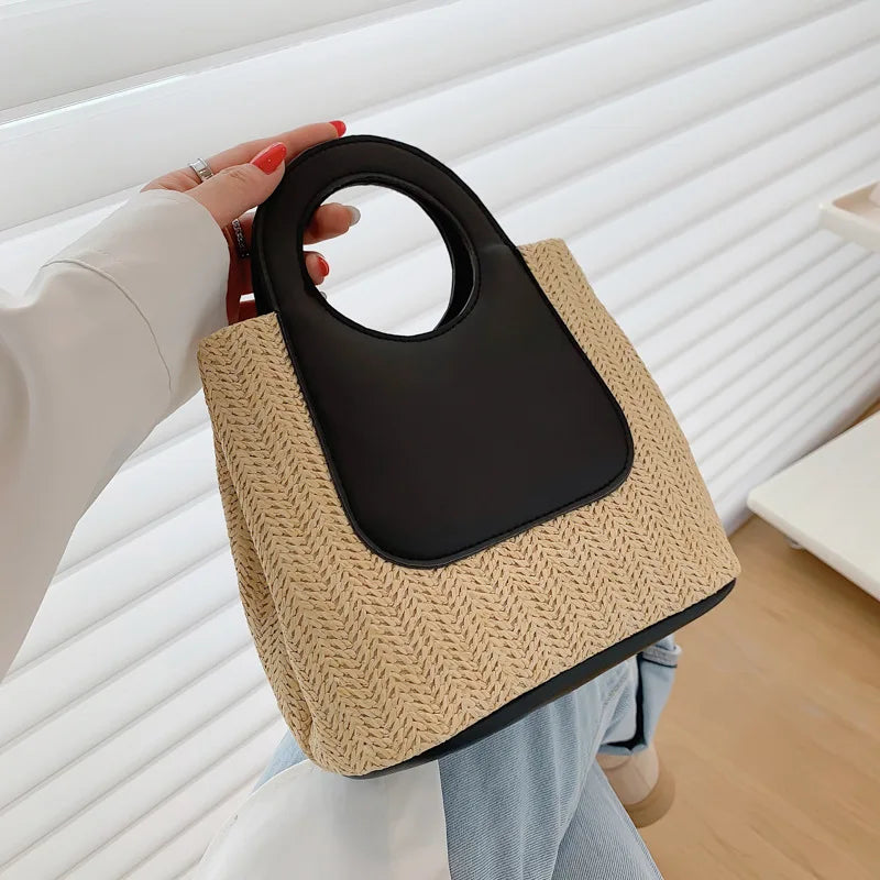 Vintage Patchwork Straw Braided Bag Large Capacity Purses Bag