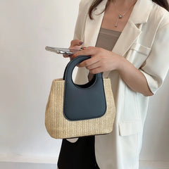 Vintage Patchwork Straw Braided Bag Large Capacity Purses Bag