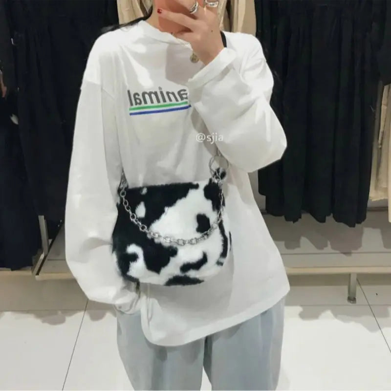 Vintage Cow Pattern Faux Fur Armpit Bag for Women
