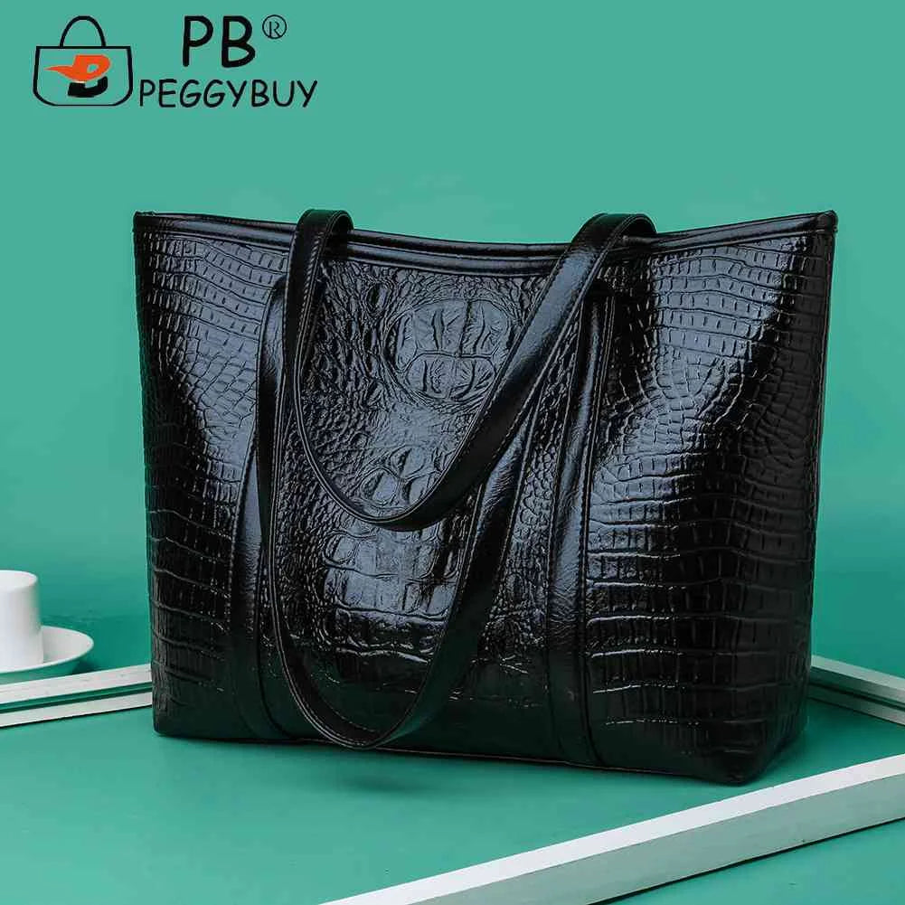 Vintage Crocodile Leather Women Handbag Large Capacity Shoulder Shopping Bag