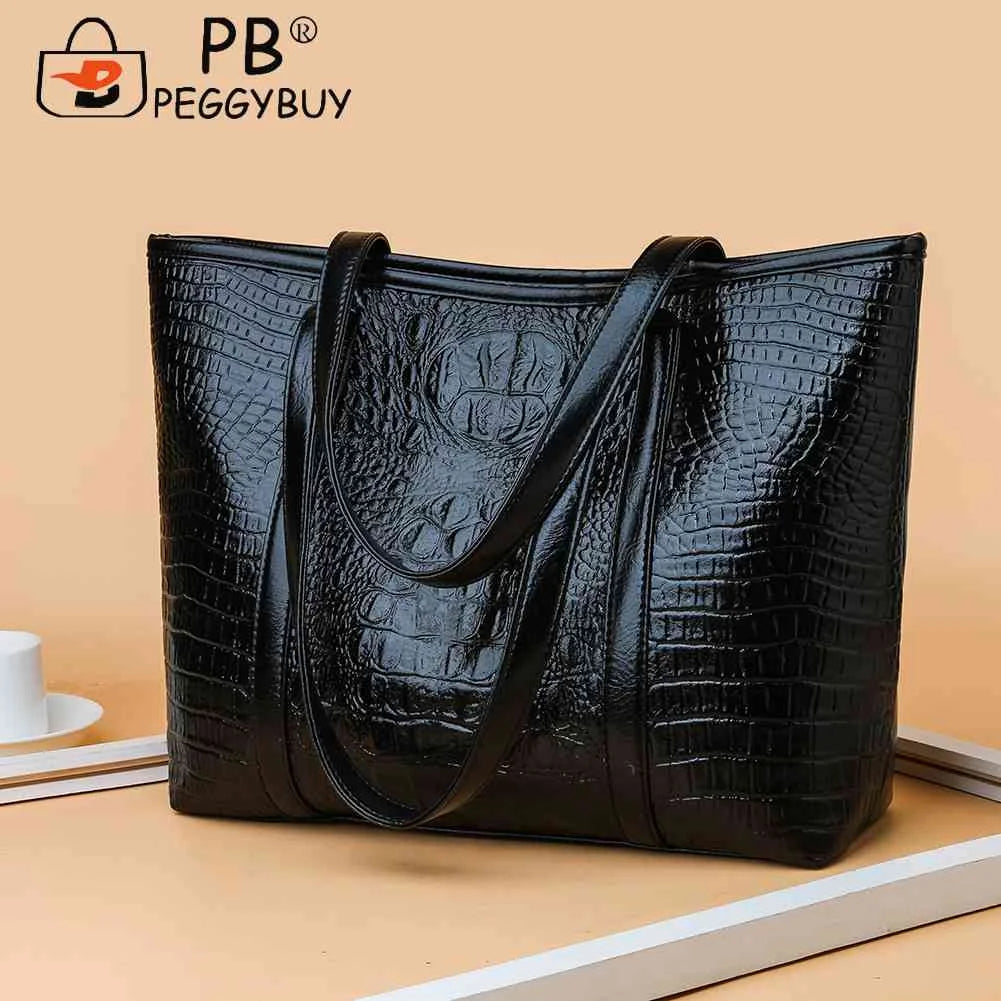 Vintage Crocodile Leather Women Handbag Large Capacity Shoulder Shopping Bag