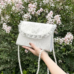 Vintage Lace Pearl Crossbody Bag Women Small Square Shoulder Purse Handbag