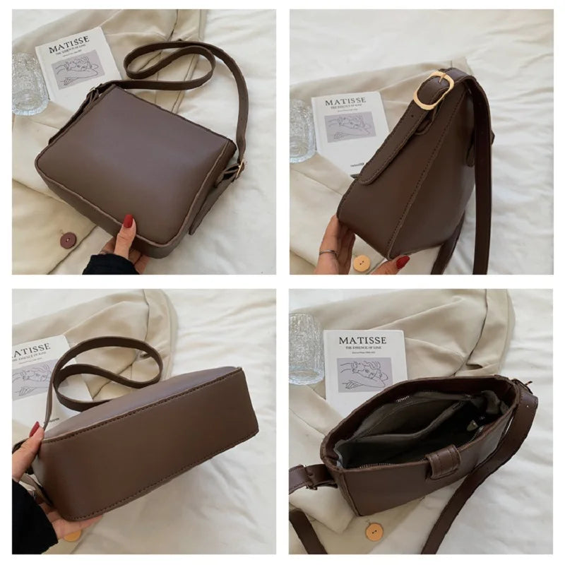Vintage Brown Leather Crossbody Bucket Bag Zipper Pocket