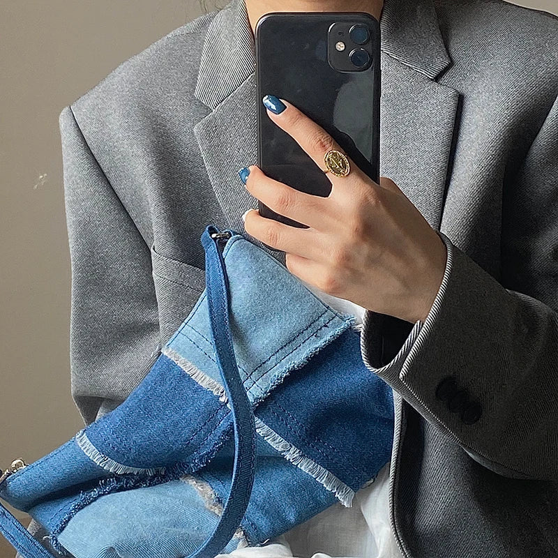 Vintage Denim Stitching Women Underarm Bag Retro Female Armpit Bag