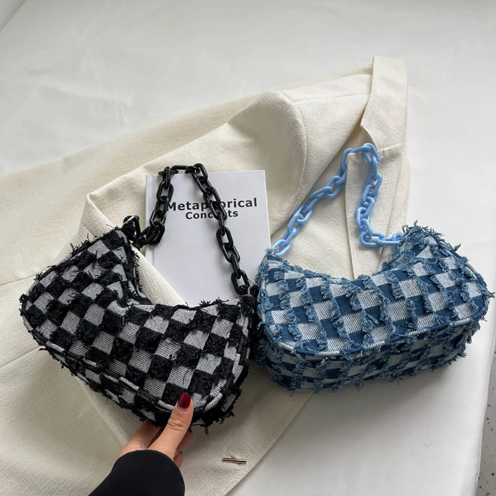 Vintage Denim Women Shoulder Bags with Acrylic Chain