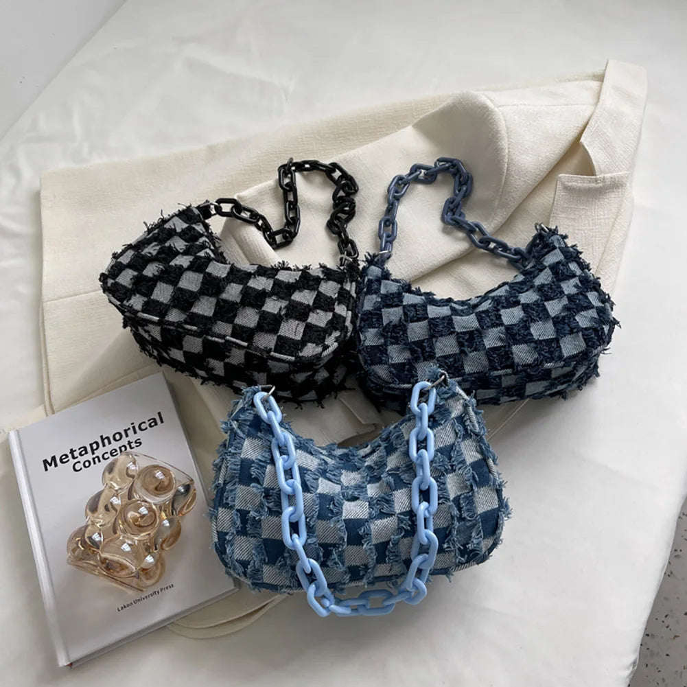 Vintage Denim Women Shoulder Bags with Acrylic Chain