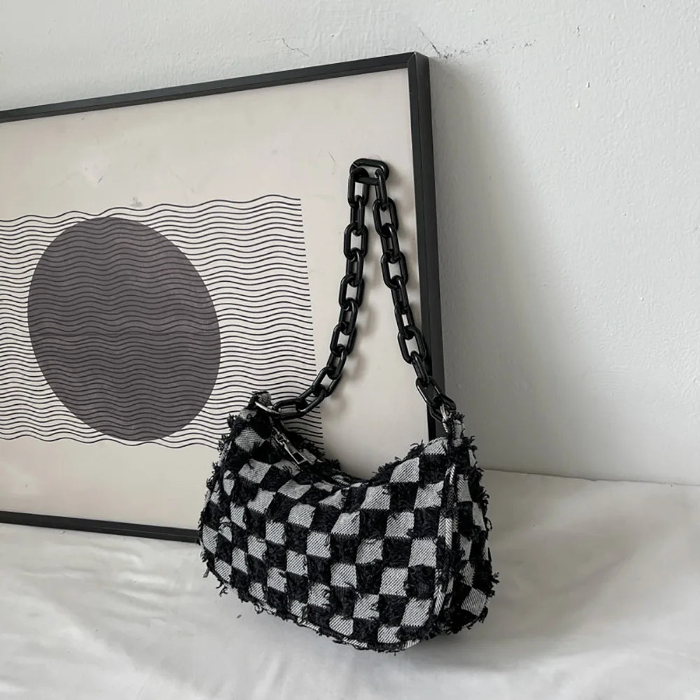 Vintage Denim Women Shoulder Bags with Acrylic Chain