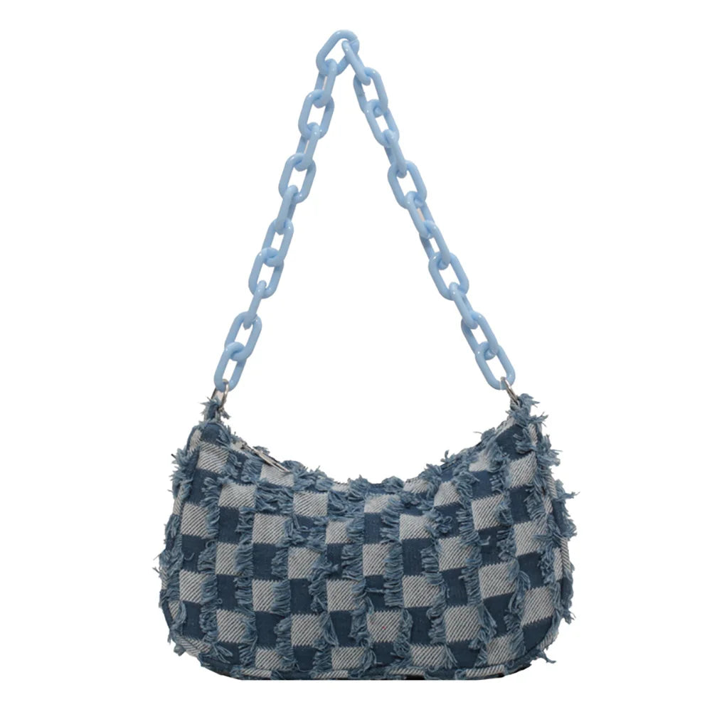 Vintage Denim Women Shoulder Bags with Acrylic Chain