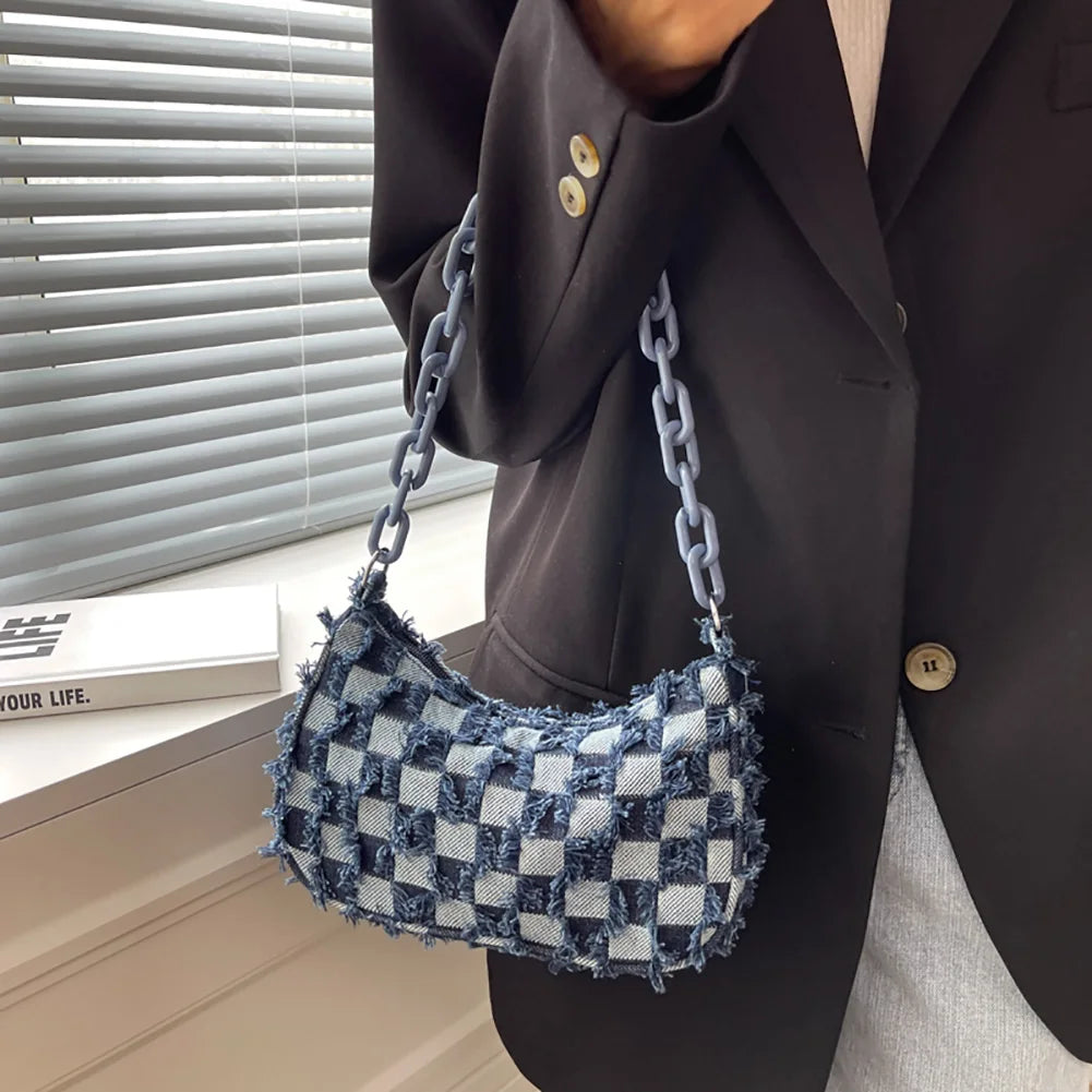 Vintage Denim Women Shoulder Bags with Acrylic Chain