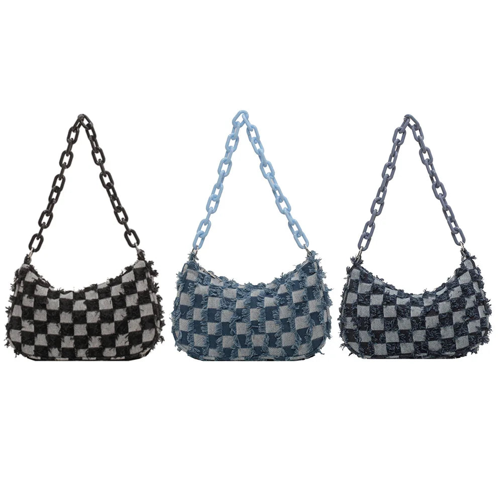 Vintage Denim Women Shoulder Bags with Acrylic Chain