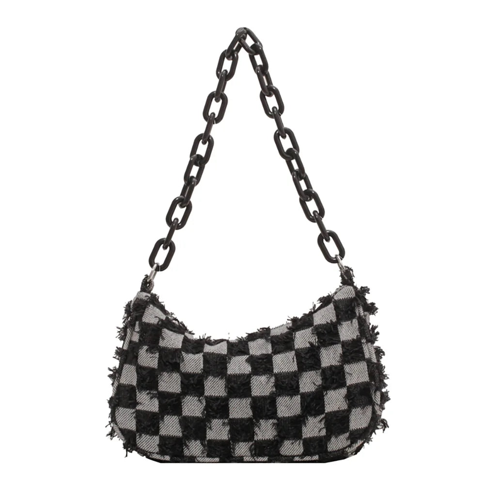 Vintage Denim Small Shoulder Bag Handbag Tote with Acrylic Chain