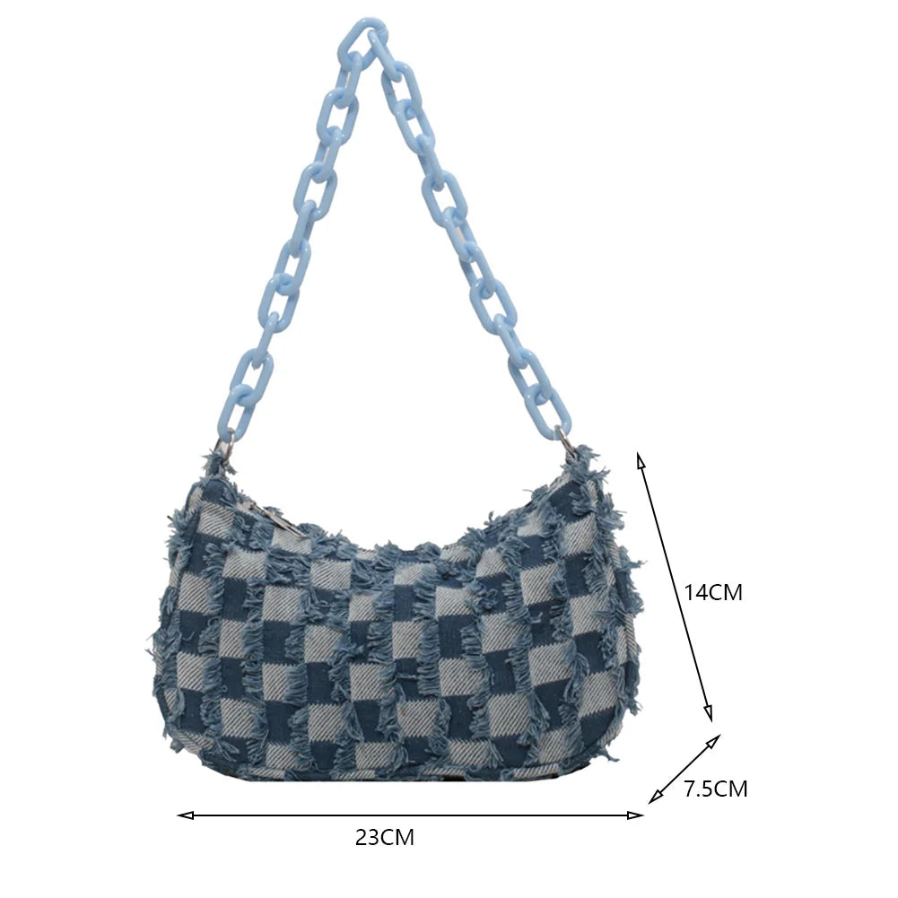 Vintage Denim Small Shoulder Bag Handbag Tote with Acrylic Chain