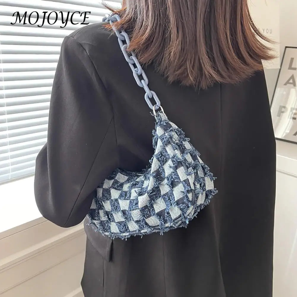 Vintage Small Shoulder Bag Checked Handbag Tote Acrylic Chain Underarm Bag