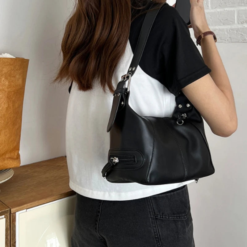 Vintage Leather Zipper Shoulder Bag for Women
