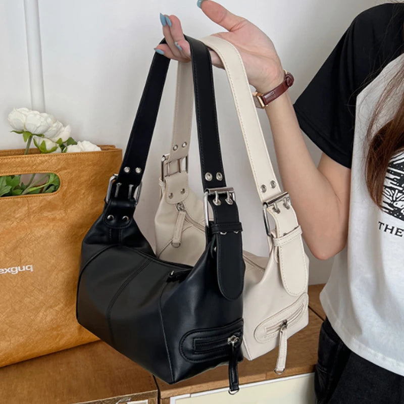 Vintage Leather Zipper Shoulder Bag for Women