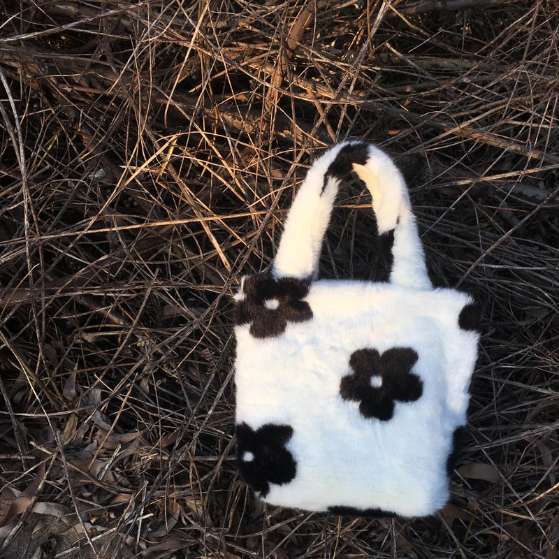 Vintage Plush Handbags Winter Small Shoulder Bags Flower Pattern Tote Clutch