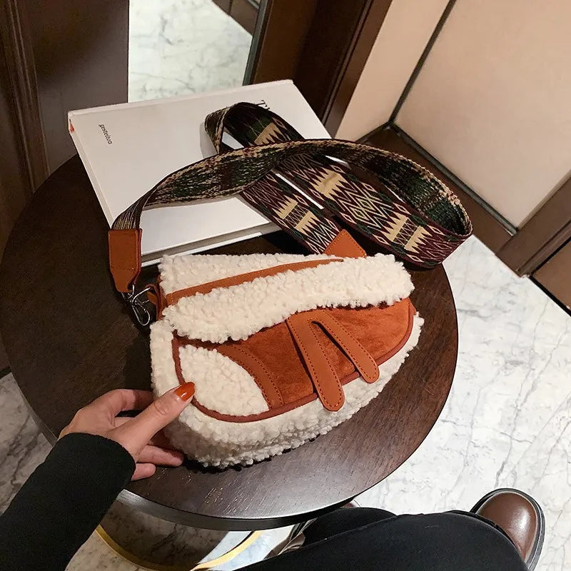 Vintage Cashmere Saddle Handbag Women Shoulder Crossbody Bag