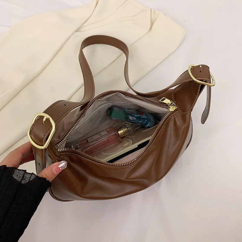 Vintage Leather Crossbody Bag for Women Half Moon Handbag
