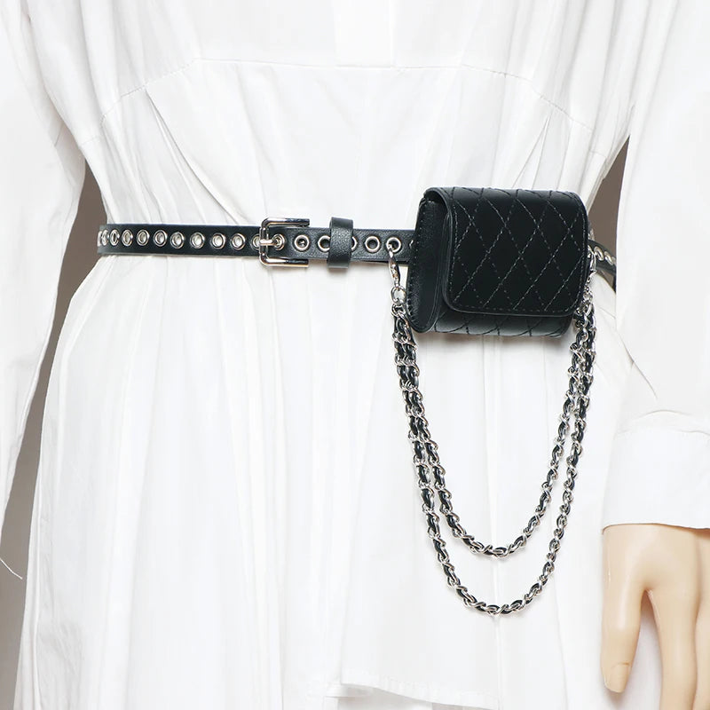Vintage Diamond lattice PU Mini Waist Packs Women Leather Waist Belt