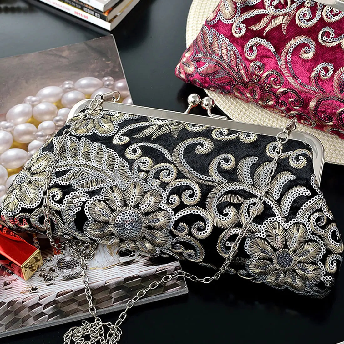 Vintage Floral Evening Clutch Chain Crossbody Bag Party Purse
