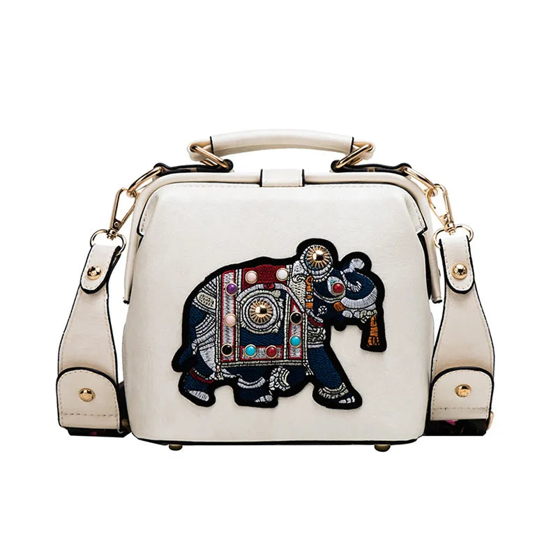 Vintage Elephant Embroidery Shoulder Bag Wide Strap PU Leather Women's Handbag