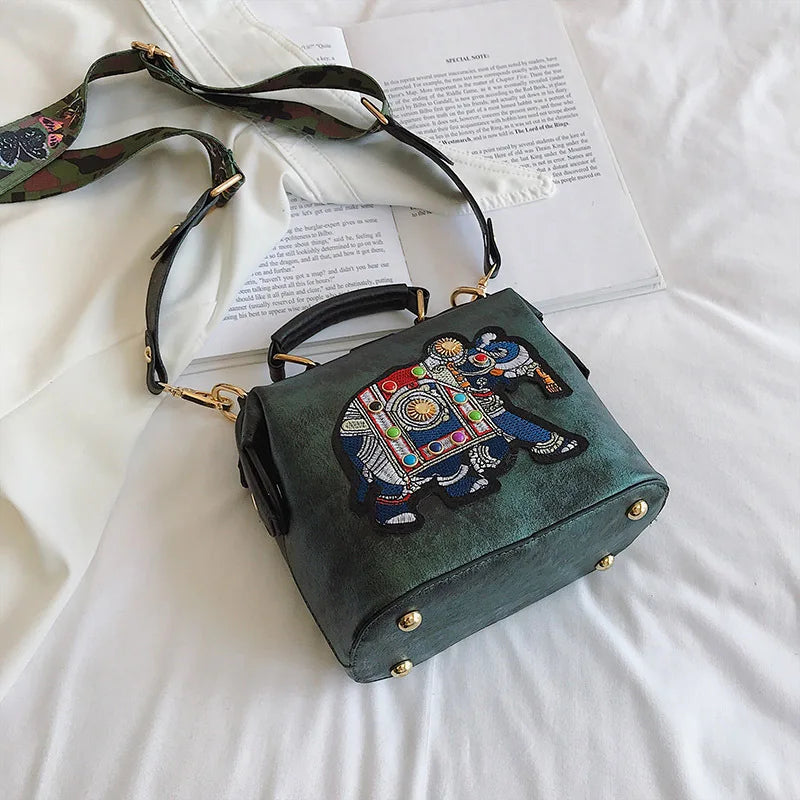Vintage Elephant Embroidery Shoulder Bag Wide Strap PU Leather Women's Handbag
