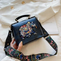 Vintage Embroidery Elephant Handbag Wide Strap Leather Women Shoulder Bag
